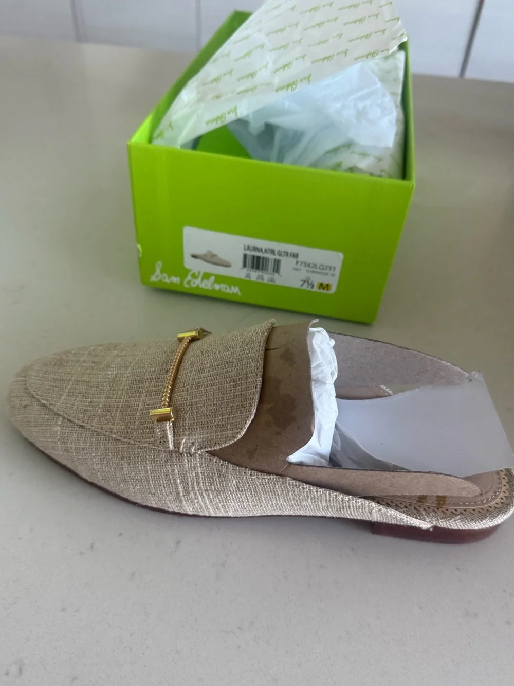 Sam Edelman Beige Woven Slip-On Loafers with Gold Bit